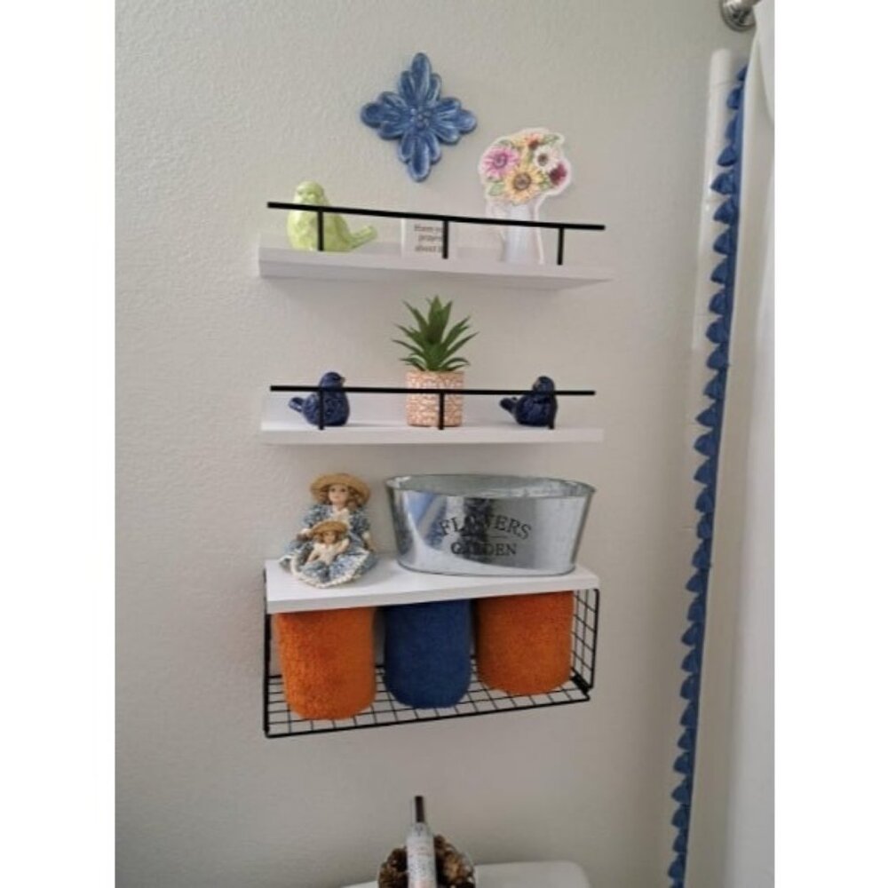 Floating Shelves with Wire Storage Basket, Wall Mounted Bathroom Shelves